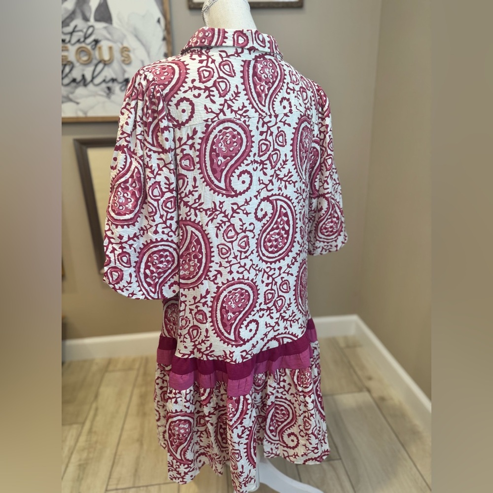 NWT! SHE + SKY Berry and Cream Paisley Poof Sleeve Midi Dress - Picture 7 of 10